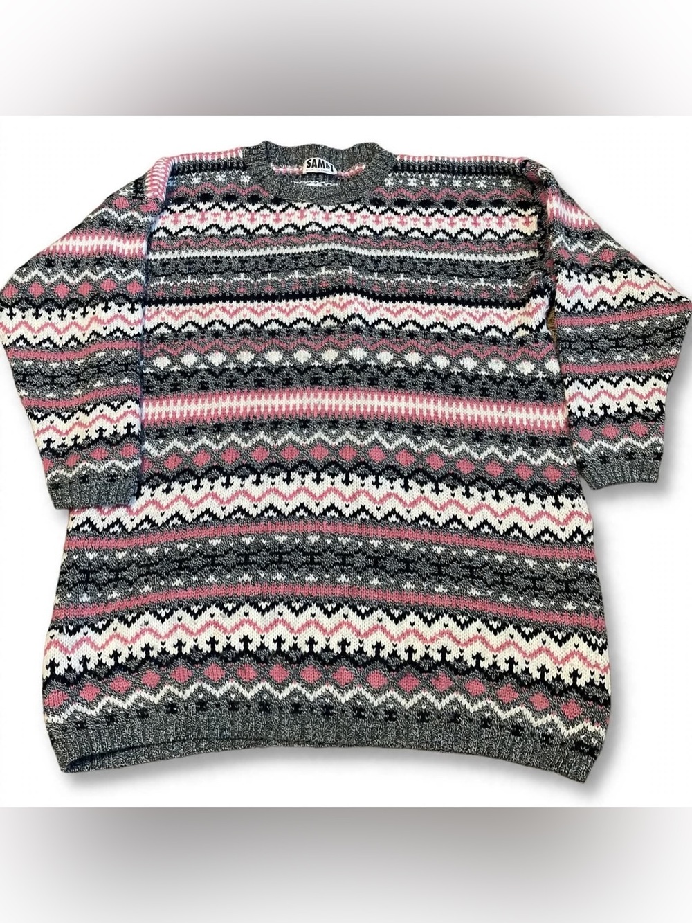 Vintage SAM & I Fair Isle Sweater Womens M/L Pink Gray Black Nordic Knit